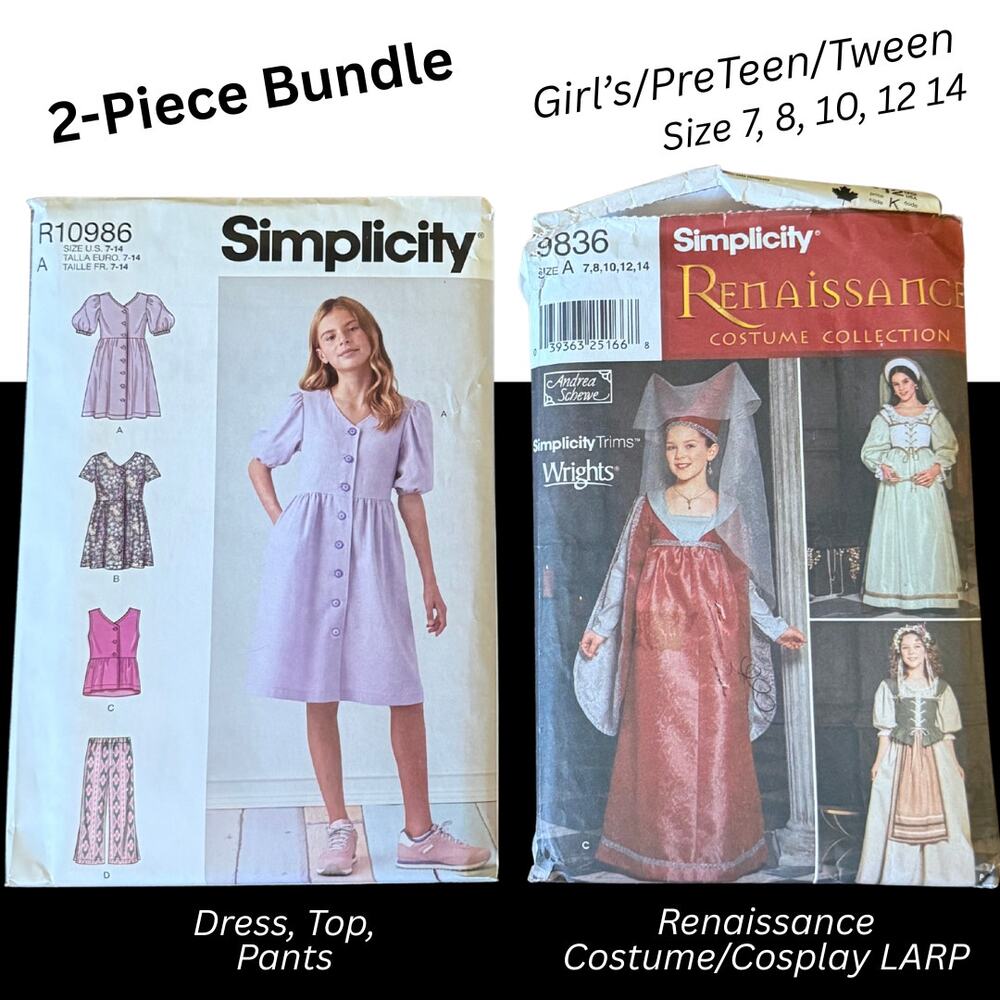 2-Piece Bundle Simplicity Girls Sz 7-14 Sewing Pattern Dress Costume Renaissance